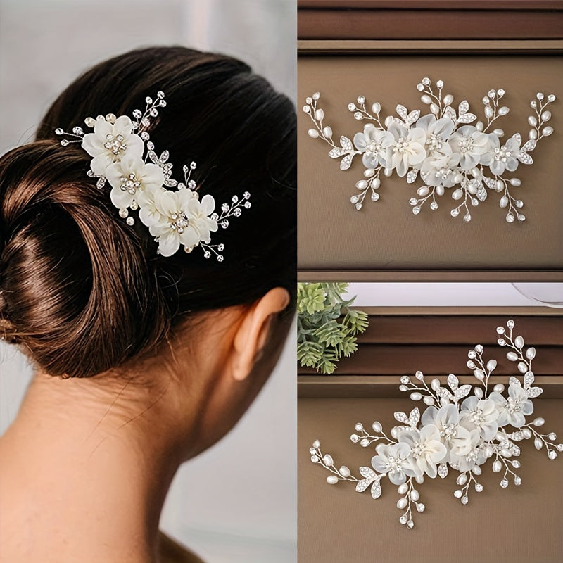Pin de cabello nupcial con flores blancas, imitación de perlas, accesorio de boda, pin de pico de pato