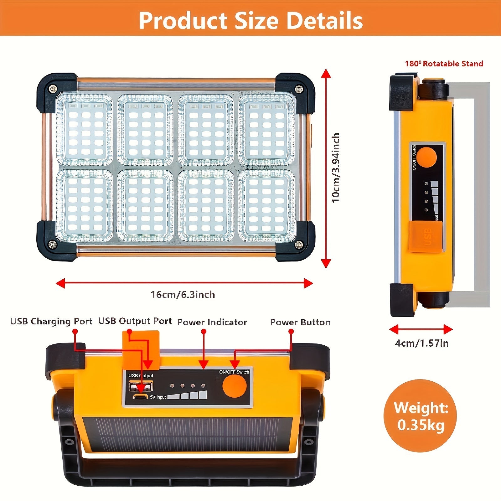 144 ta ultra-yorqin LED bilan portativ floodlight, quyosh va USB orqali zaryadlanadigan, 3600mAh batareya, favqulodda vaziyatlar, lagerda, baliq ovlash uchun ideal. Mustahkam plastik material, ochiq havoda quyosh energiyasi bilan ishlaydigan floodlight.