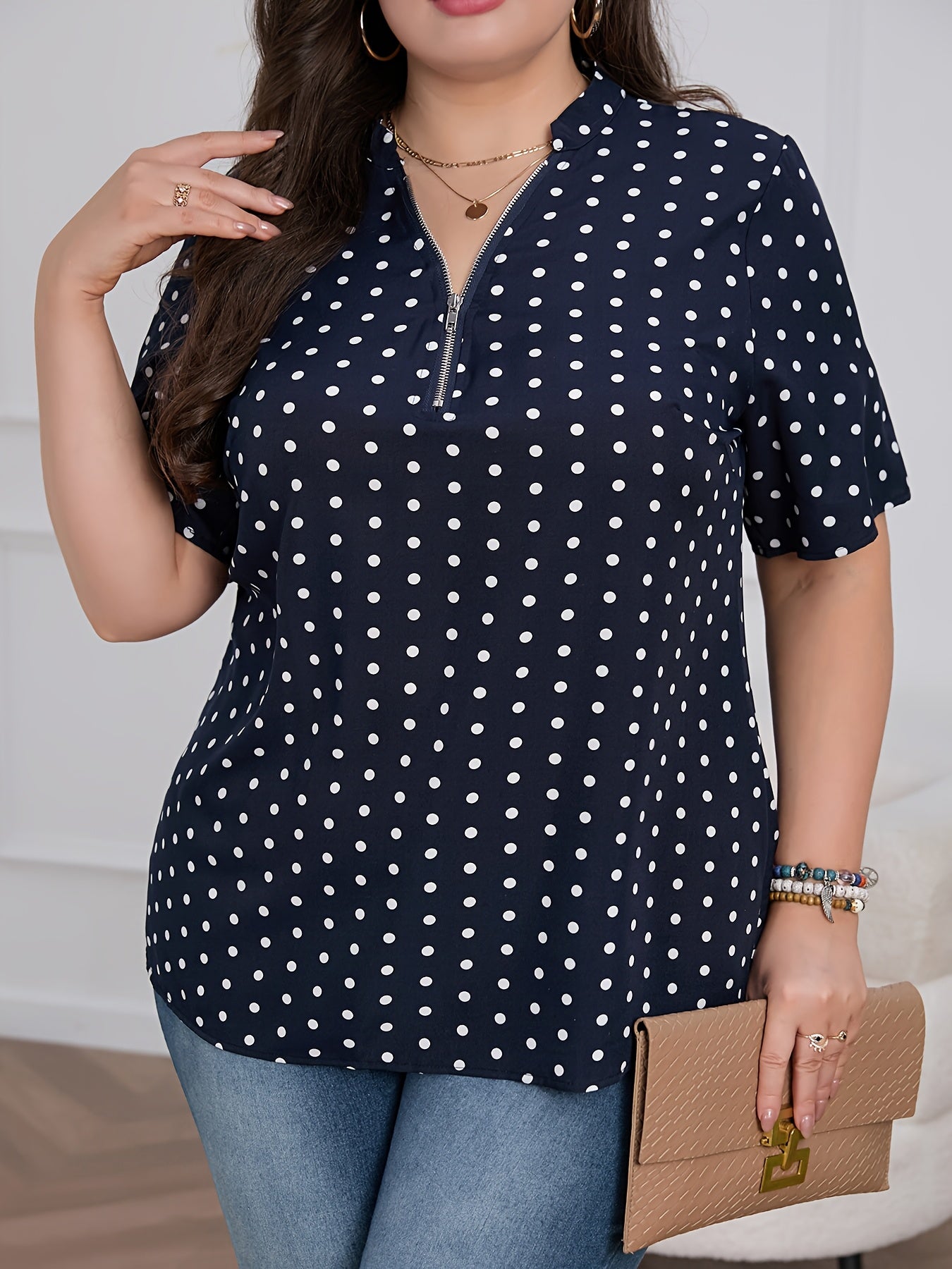 Women's Plus Size Polka Dot V-Neck Short Sleeve Zip Casual Summer Shirt