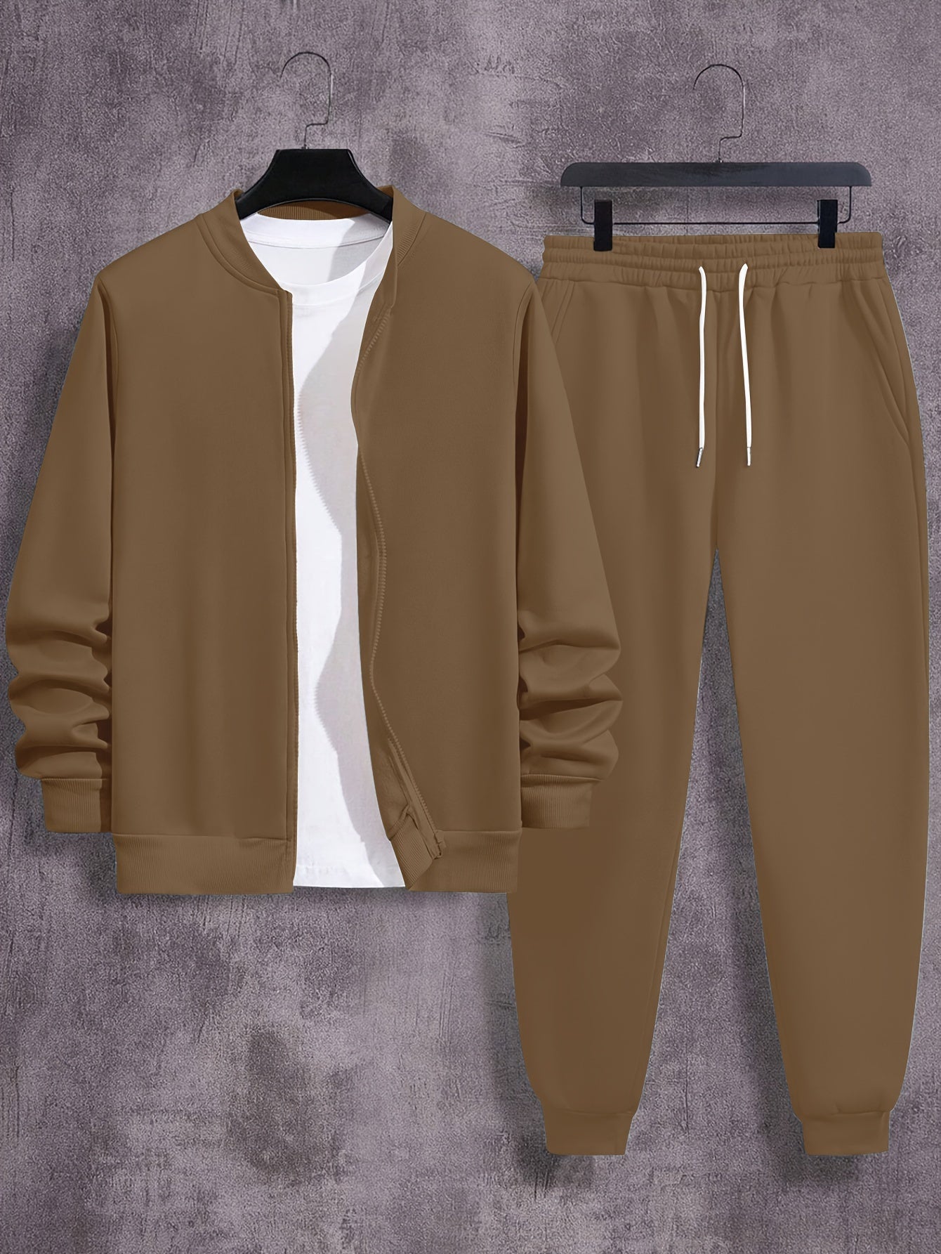 Men's Plus Size Casual Sweatsuit Set with Collared Neck Polyester Knit Solid