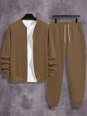 Men's Plus Size Casual Sweatsuit Set with Collared Neck Polyester Knit Solid