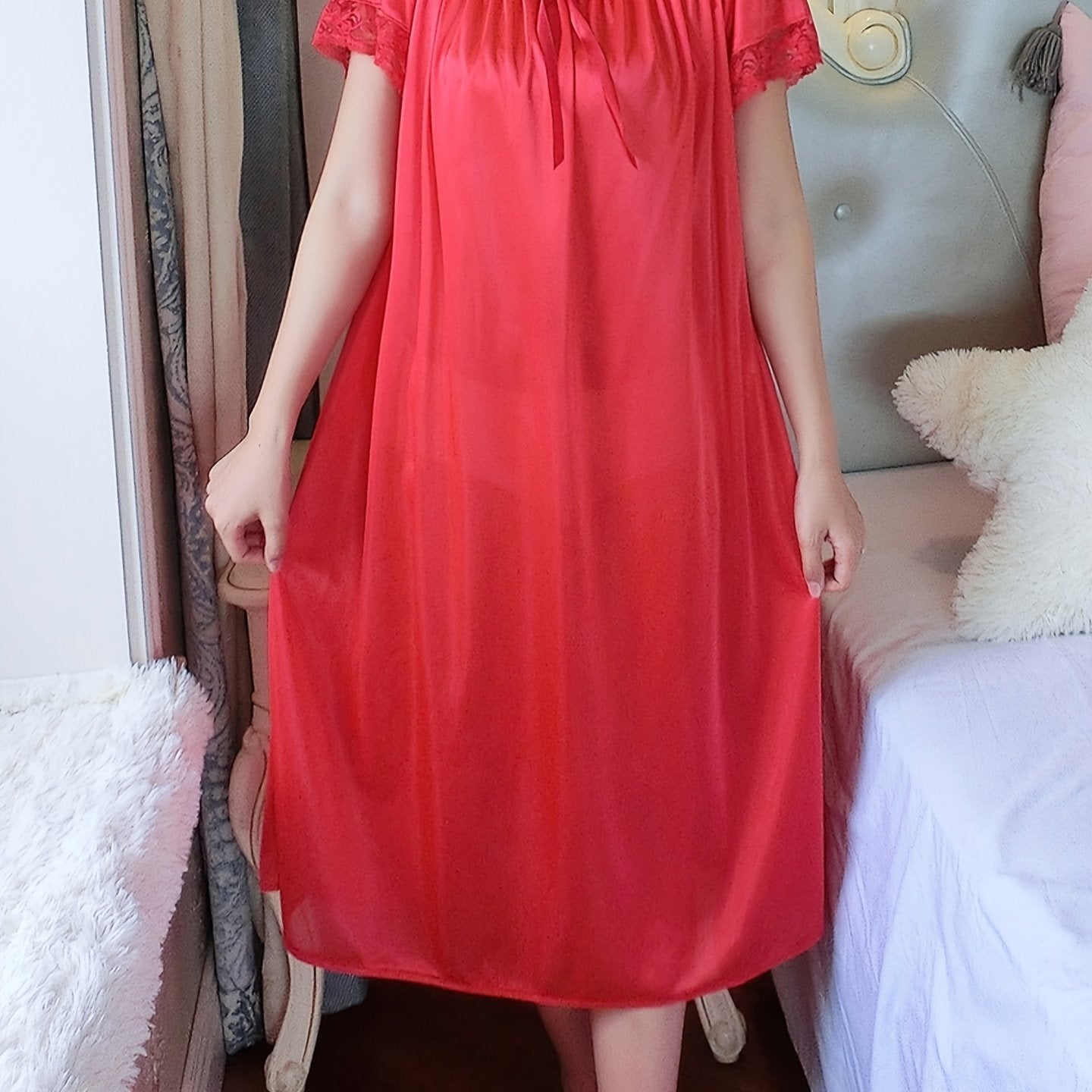 Women's Off-Shoulder Night Dress Short Sleeve Solid Polyester Sleepwear for Spring Summer