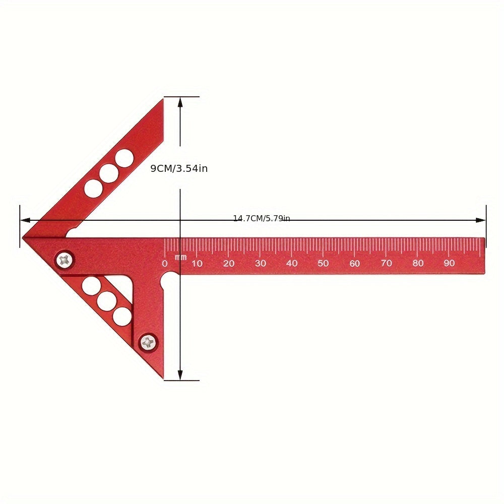 Regla de carpintería de aleación de aluminio azul con centro de marcado y medidas en pulgadas y cm