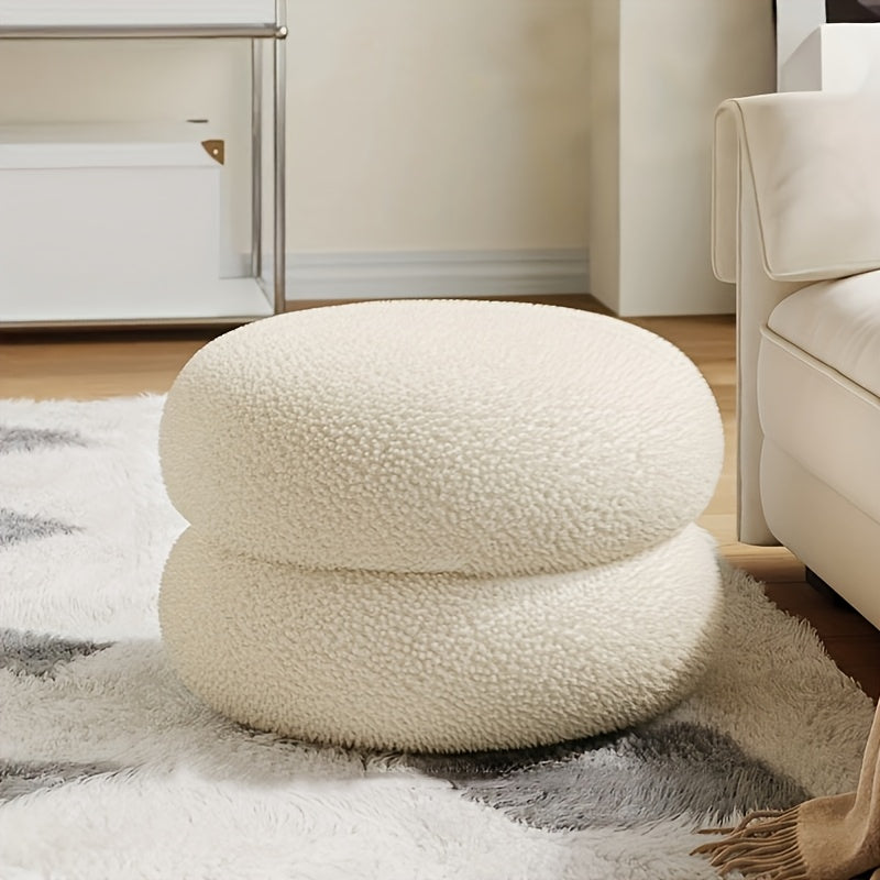 White Polyester Round Ottoman Stool for Living Room, Versatile and Compact
