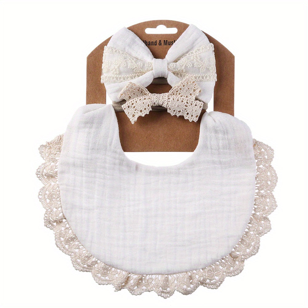 Baby Headbands and Bibs Set of Two with Stain-Resistant Baby Bib and Lace Bow Headband
