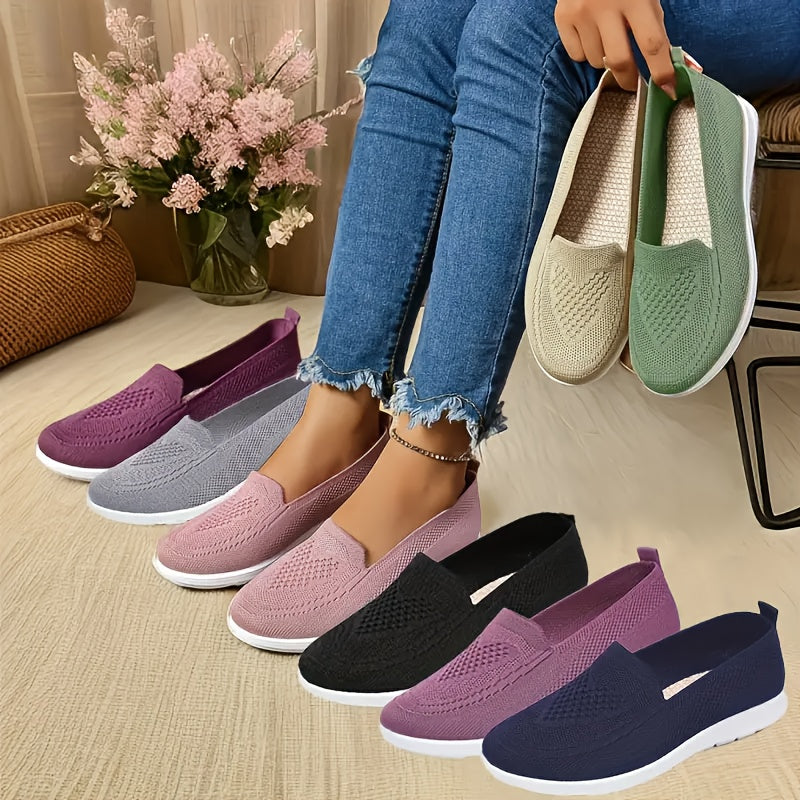 Women's Breathable Knitted Flats with Hollow Out Mesh Slip-On Sneakers