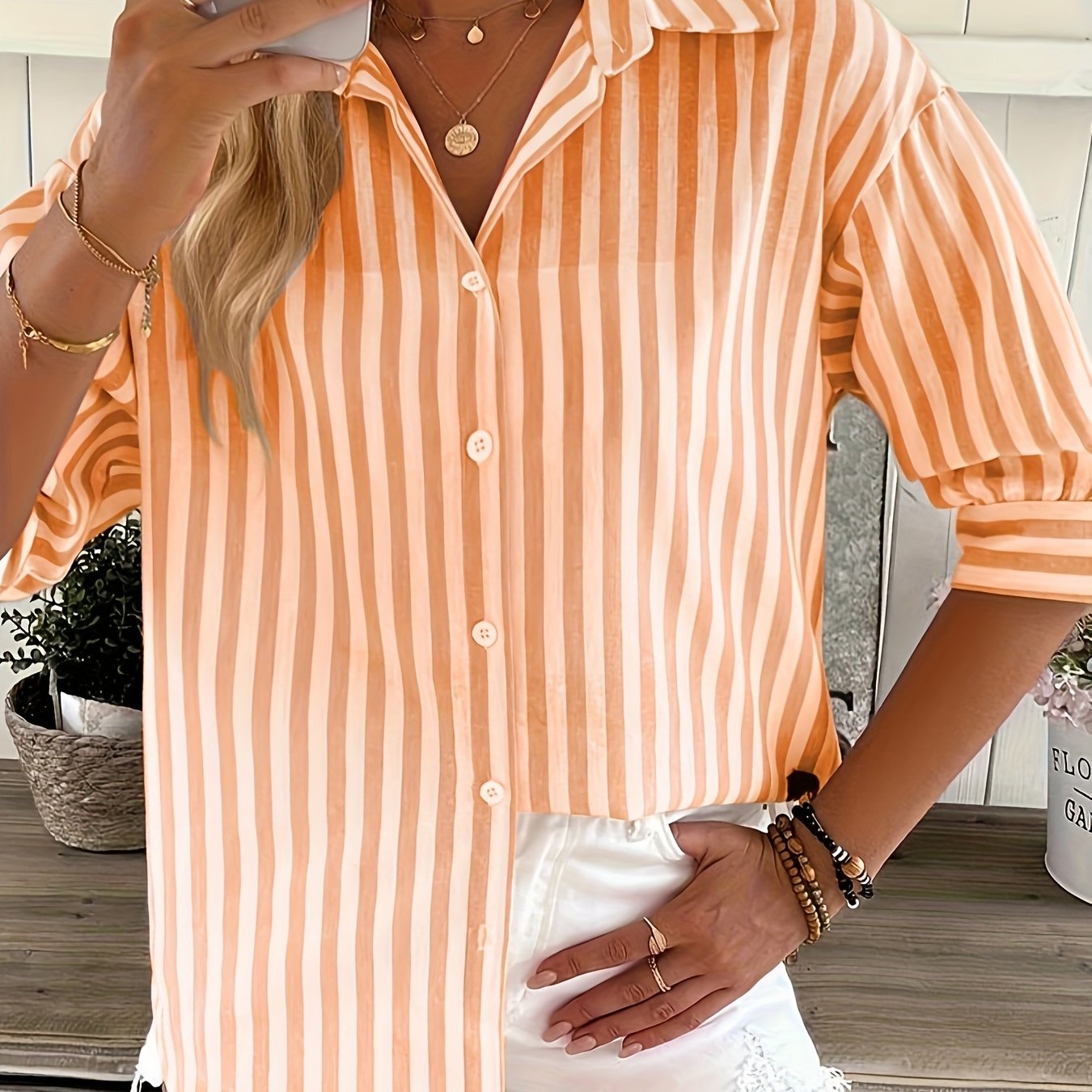 Women Plus Size Striped Short Sleeve Button-Up Shirt Pink White Casual Spring Summer