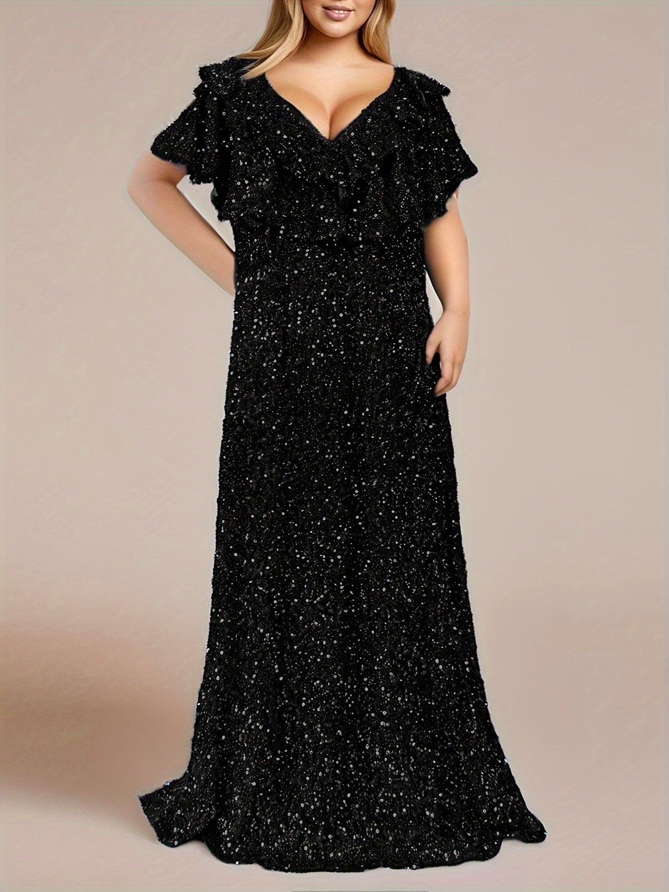 Plus Size Sequin Gown Woman V-Neck Short Sleeve Floor Length Party Dress