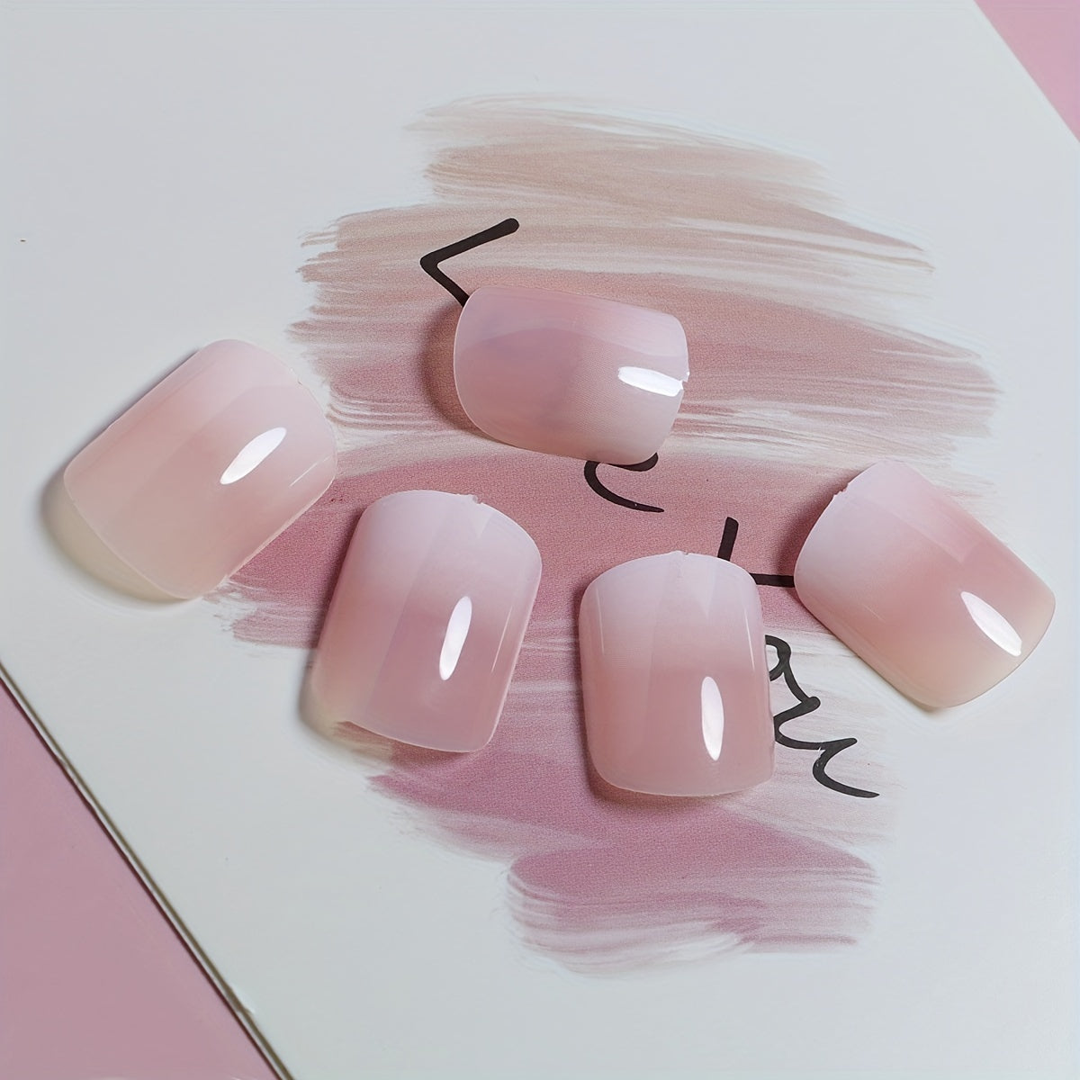 Women Fake Nails 24Pcs Pink Gradient Short Square Glossy Artificial Nails for Nail Art