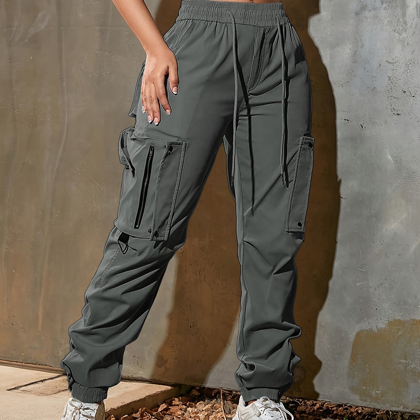 Pantalones cargo de cintura alta para mujer de corte holgado con bolsillos poliéster casual para todas las estaciones