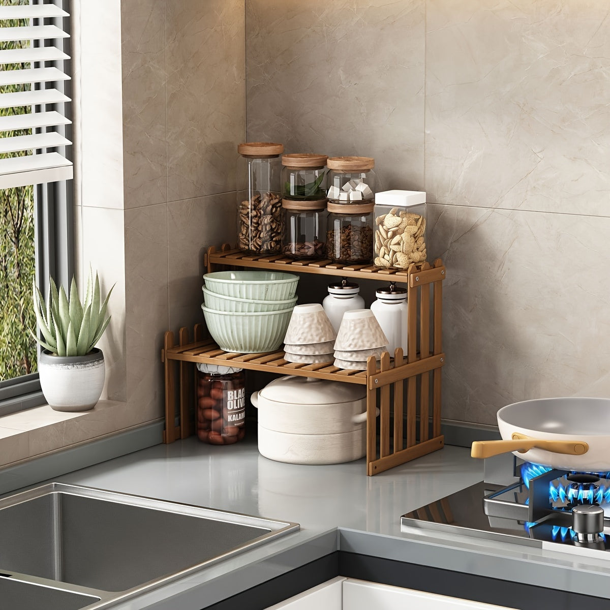 Открытая угловая полка для хранения из бамбука, двухслойная, в повседневном стиле, напольная кухонная органайзерная стойка, не требует подключения к электричеству, компактная конструкция, передвижная, высота 220.