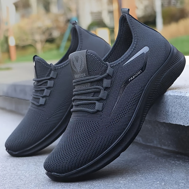 Men's Black Athletic Sneakers with White Accents Breathable Mesh Low Top Casual Gym
