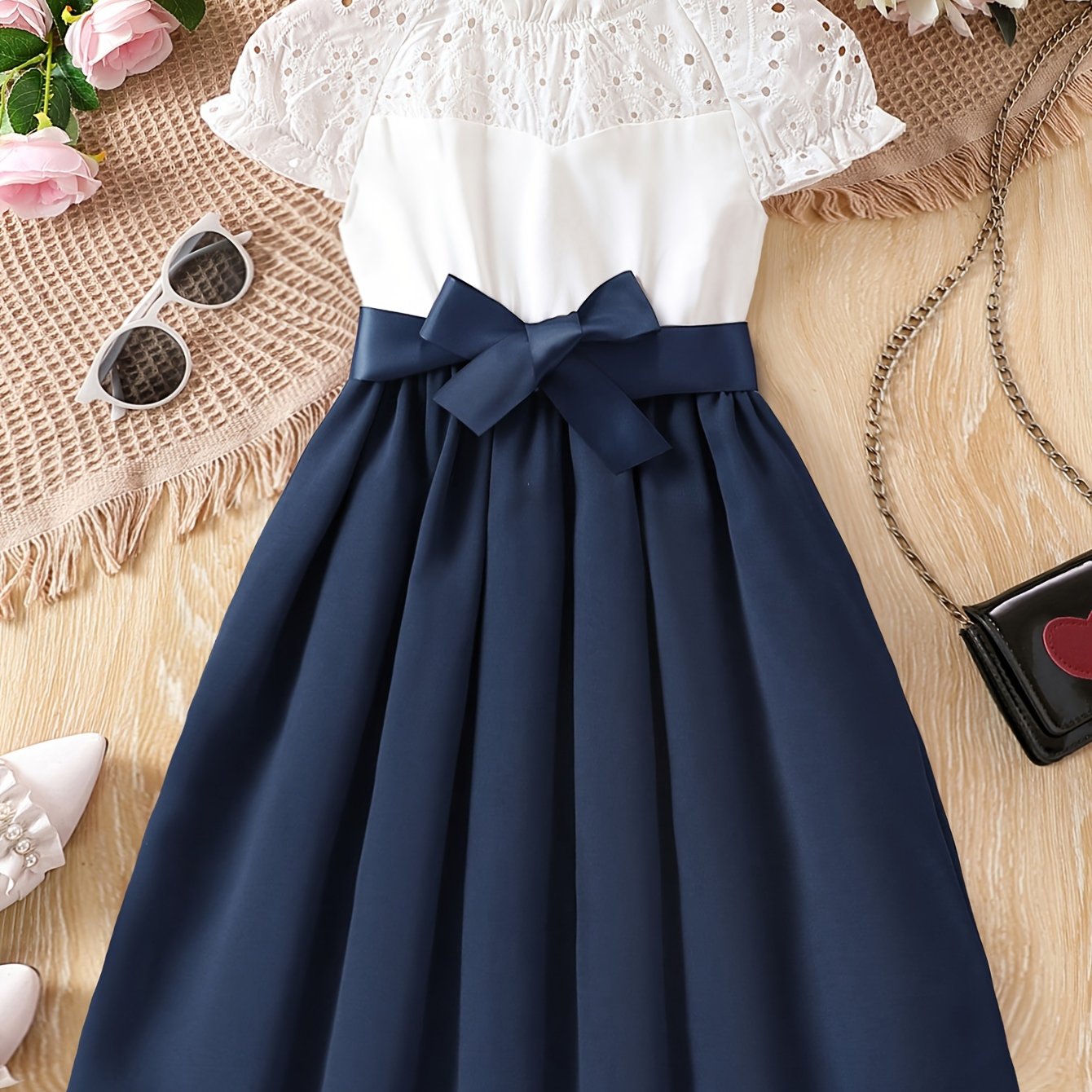 Girls' Knee-Length Pleated Dress with Embroidered Details, Crew Neck, Lantern Sleeves, Belt, Casual Spring Summer
