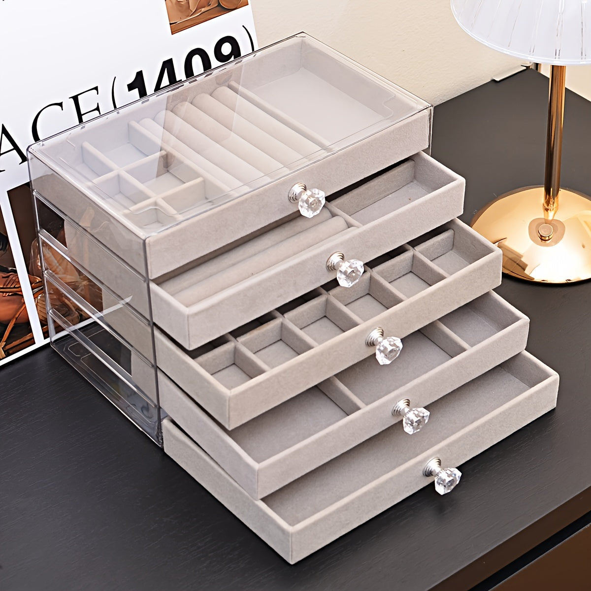 Velvet Jewelry Organizer with 5 Tiers Drawer Storage for Rings Earrings Necklaces and Bracelets