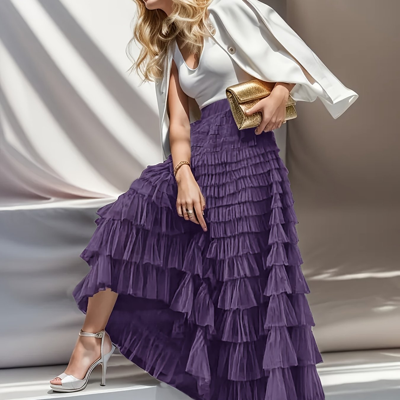 Women's Tiered Ruffle Tulle Skirt Solid Color Spring Summer Casual