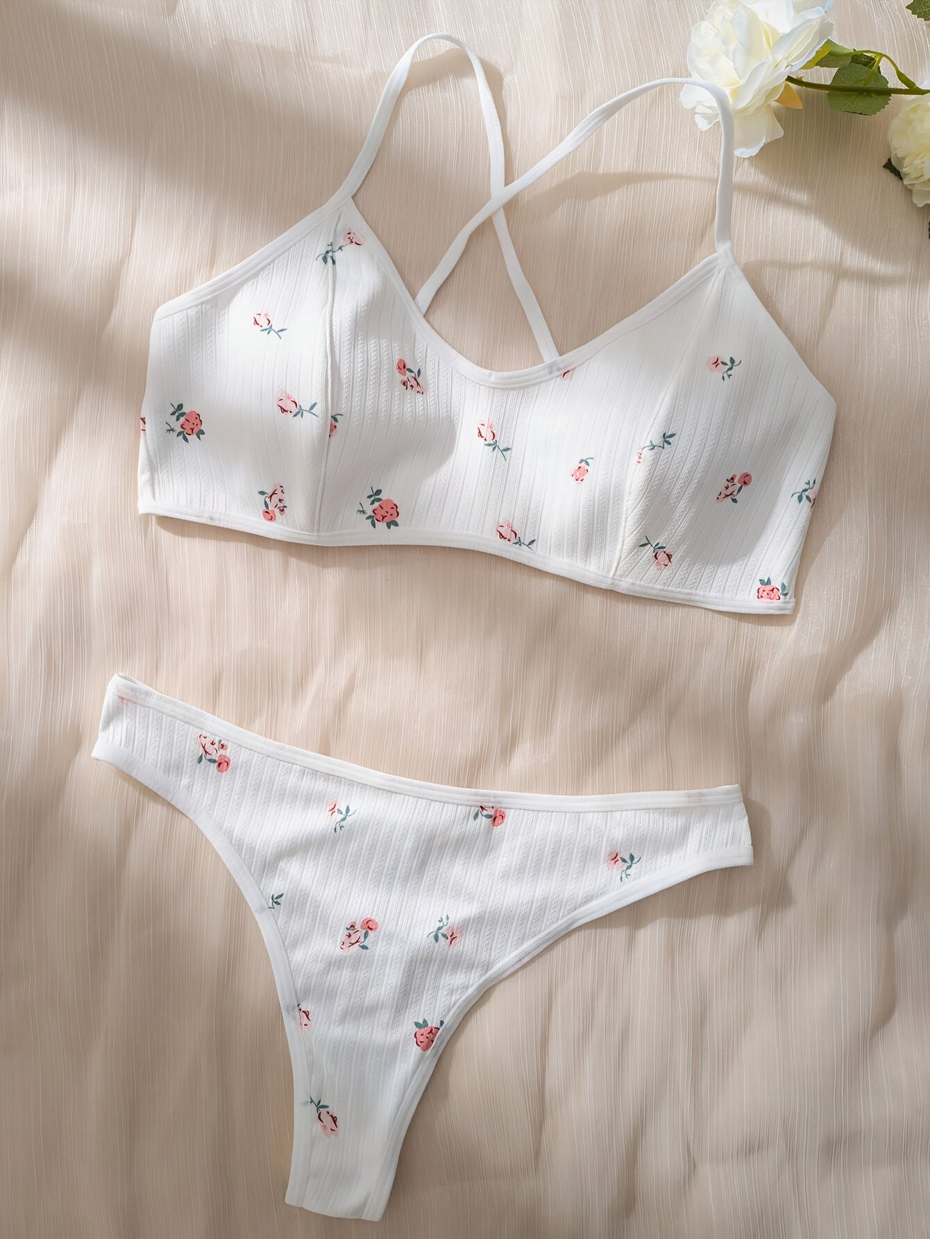 Floral Print Lingerie Set for Women with Cross Straps