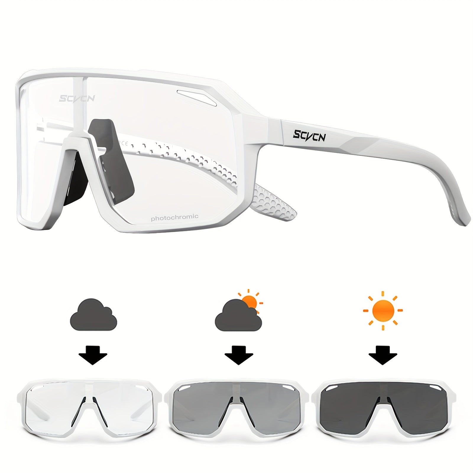 SCVCN Glasses equipped with photochromic lenses specially crafted for cycling, road driving, mountain running, and other outdoor sports. These glasses offer protection against wind for both men and women.