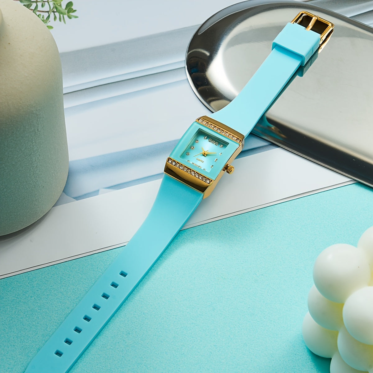 Women's Square Fashion Silicone Watch with Rhinestones and Elegant Design