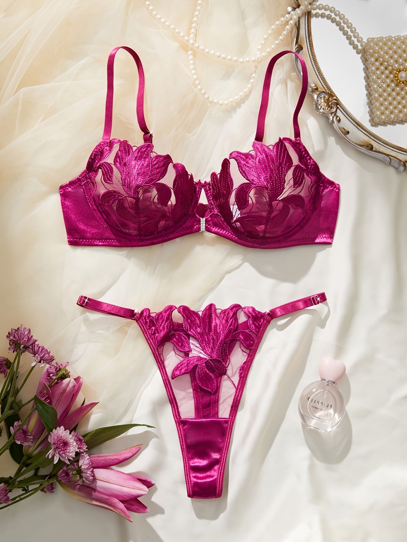 Sheer Embroidered Floral Lingerie Set with Polyester and Elastane Adult Lash Sets Included