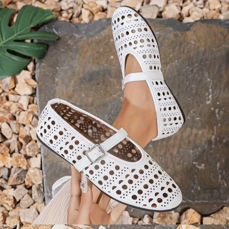 Women Breathable White Mary Jane Flats with Buckle Non-Slip Sole