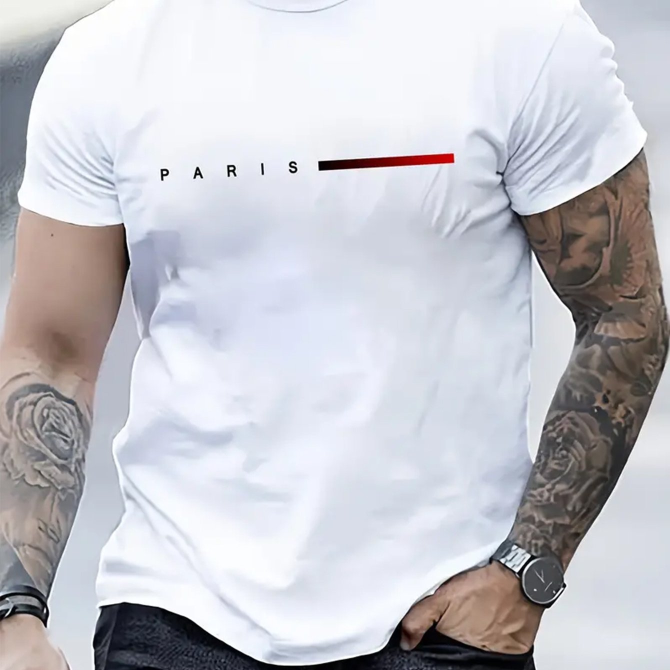 Men's Polyester Graphic T-Shirt with Red Stripe for Gym Running Spring Summer