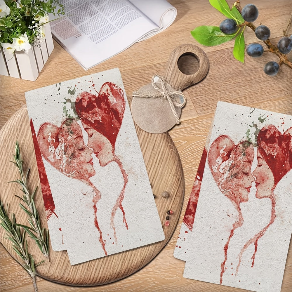Valentine's Day Kitchen Towels Set 2 Pieces Absorbent Red White Splatter Art