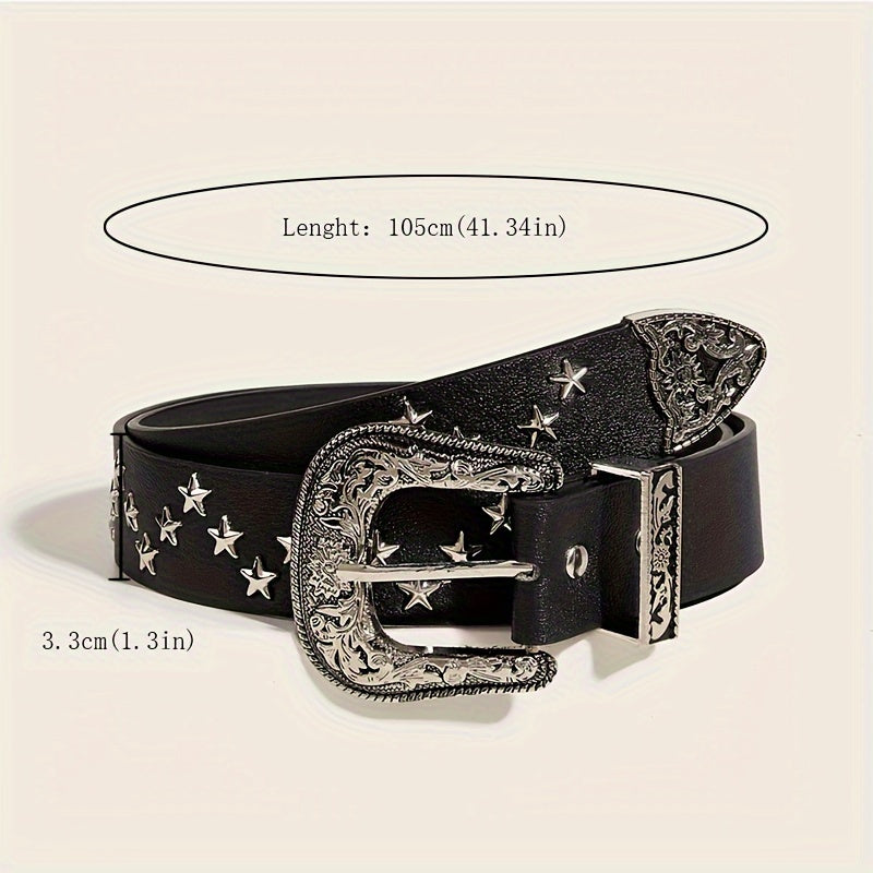 Ayollar uchun qora PU g'arb uslubidagi kamar, oymali tokchali va toshli bosma bilan