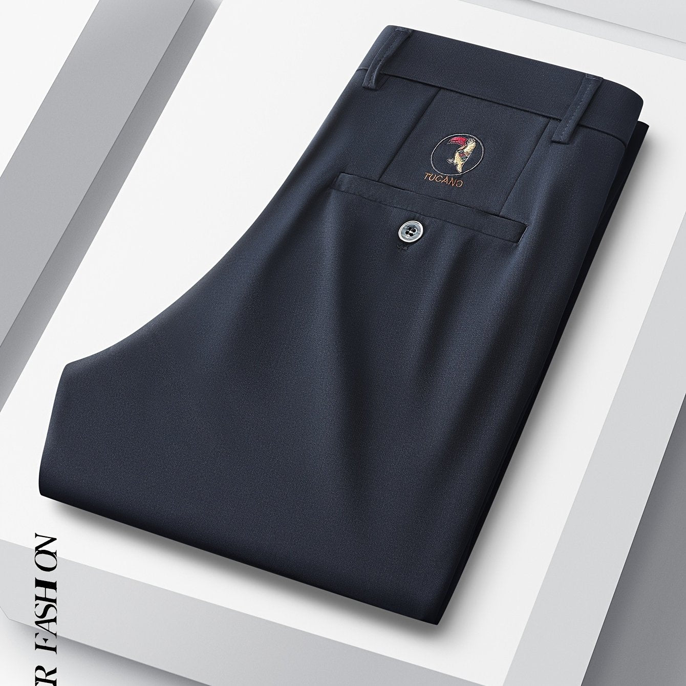 Pantalones de vestir negros para hombre de corte ajustado con emblema de pájaro, poliéster y spandex para negocios informales