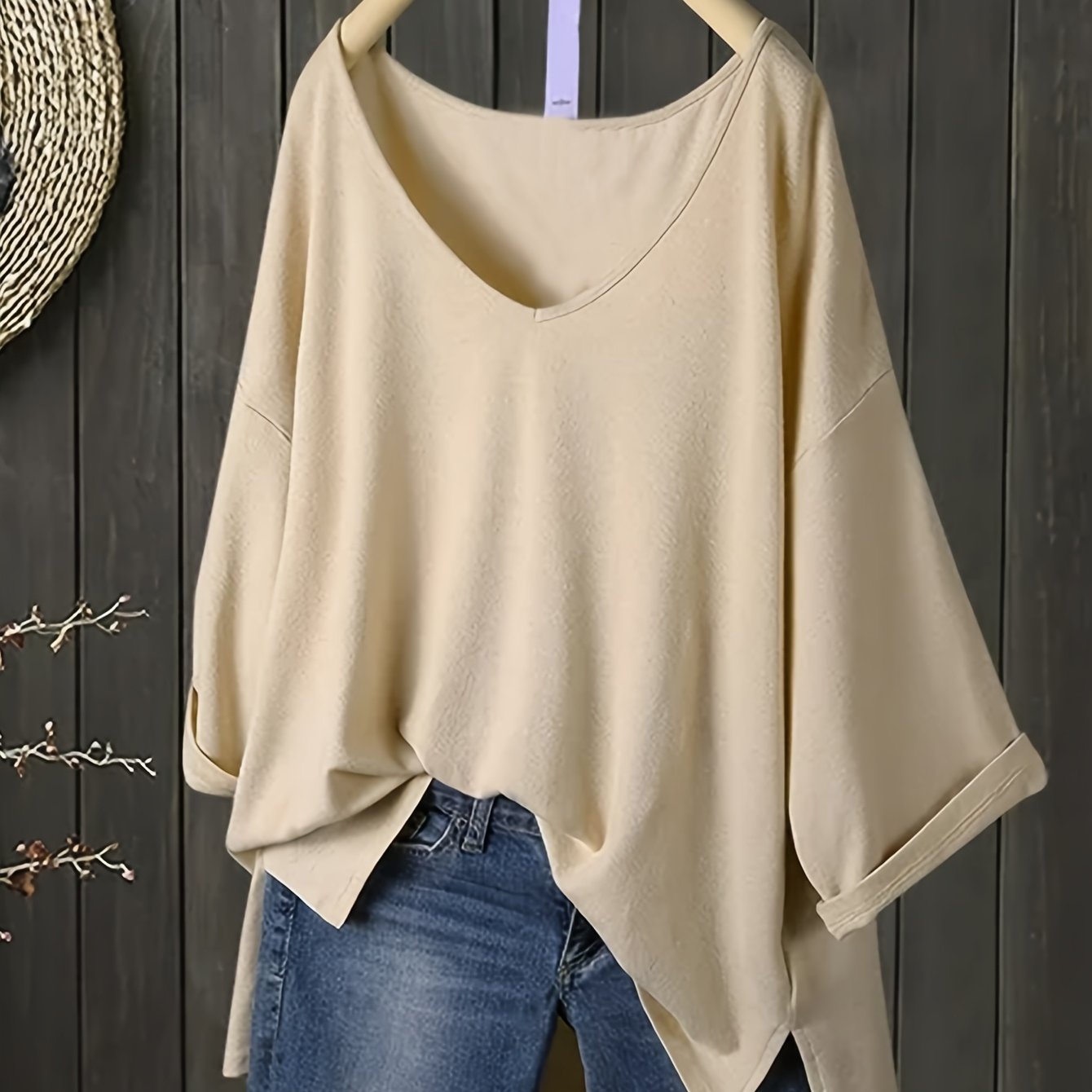 Women's V-Neck Knit T-Shirt Solid Color Polyester Slight Stretch All Seasons