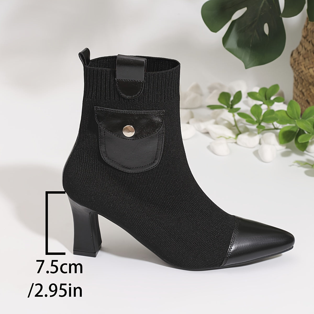 Women's Solid Color Pointed Toe High Heel Ankle Boots with Elastic and Thick Heels