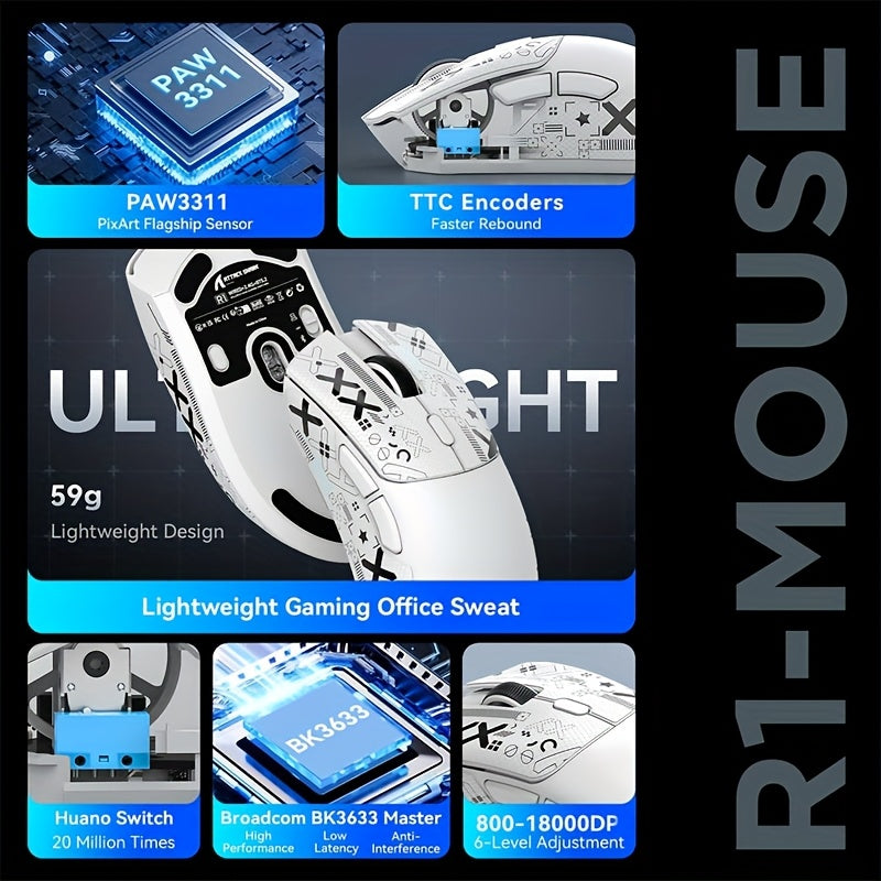 Ratón inalámbrico ligero para juegos con 5 botones programables y 18000 DPI