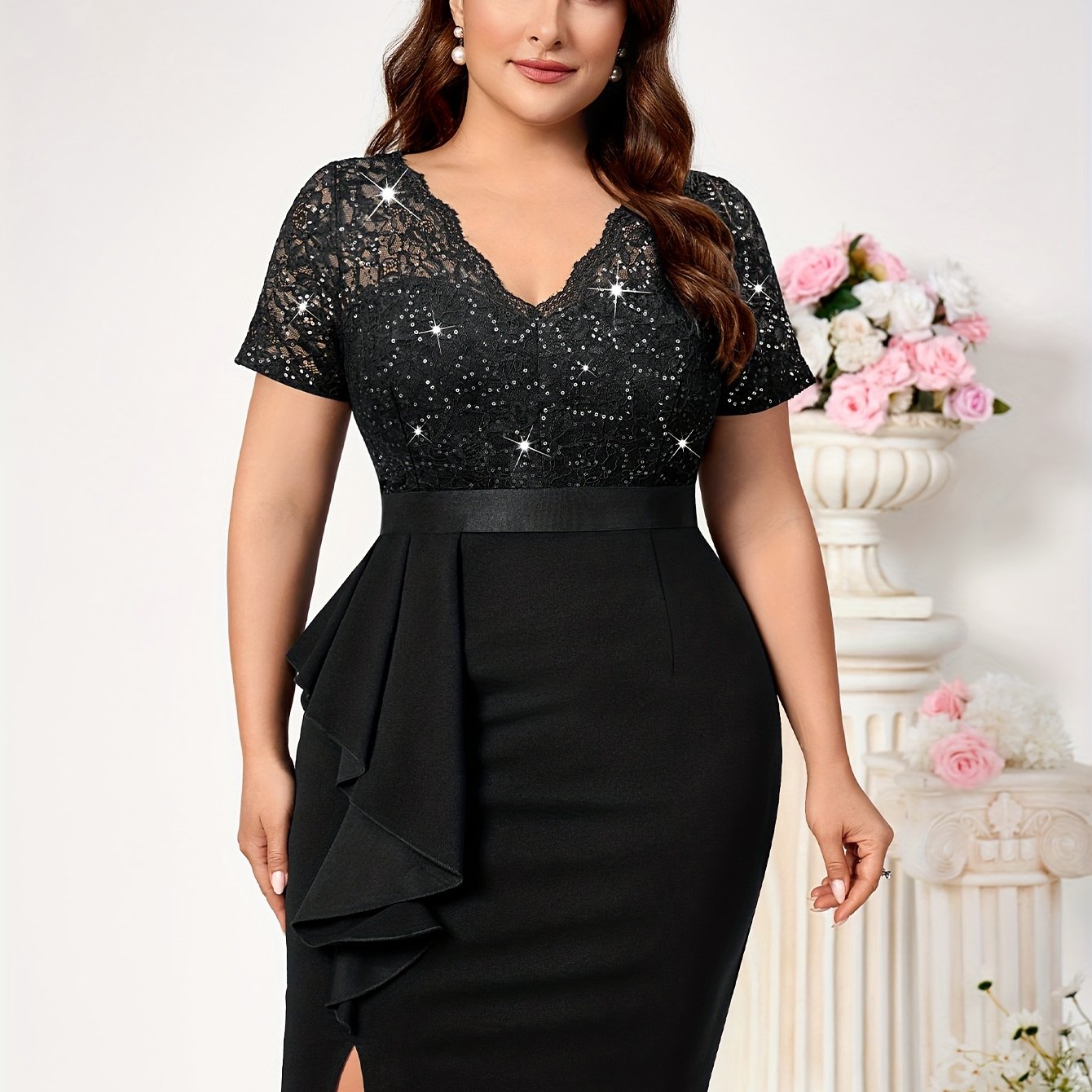 Plus Size Women's Sequin Lace Ruffle V-Neck Bodycon Dress Cocktail Party