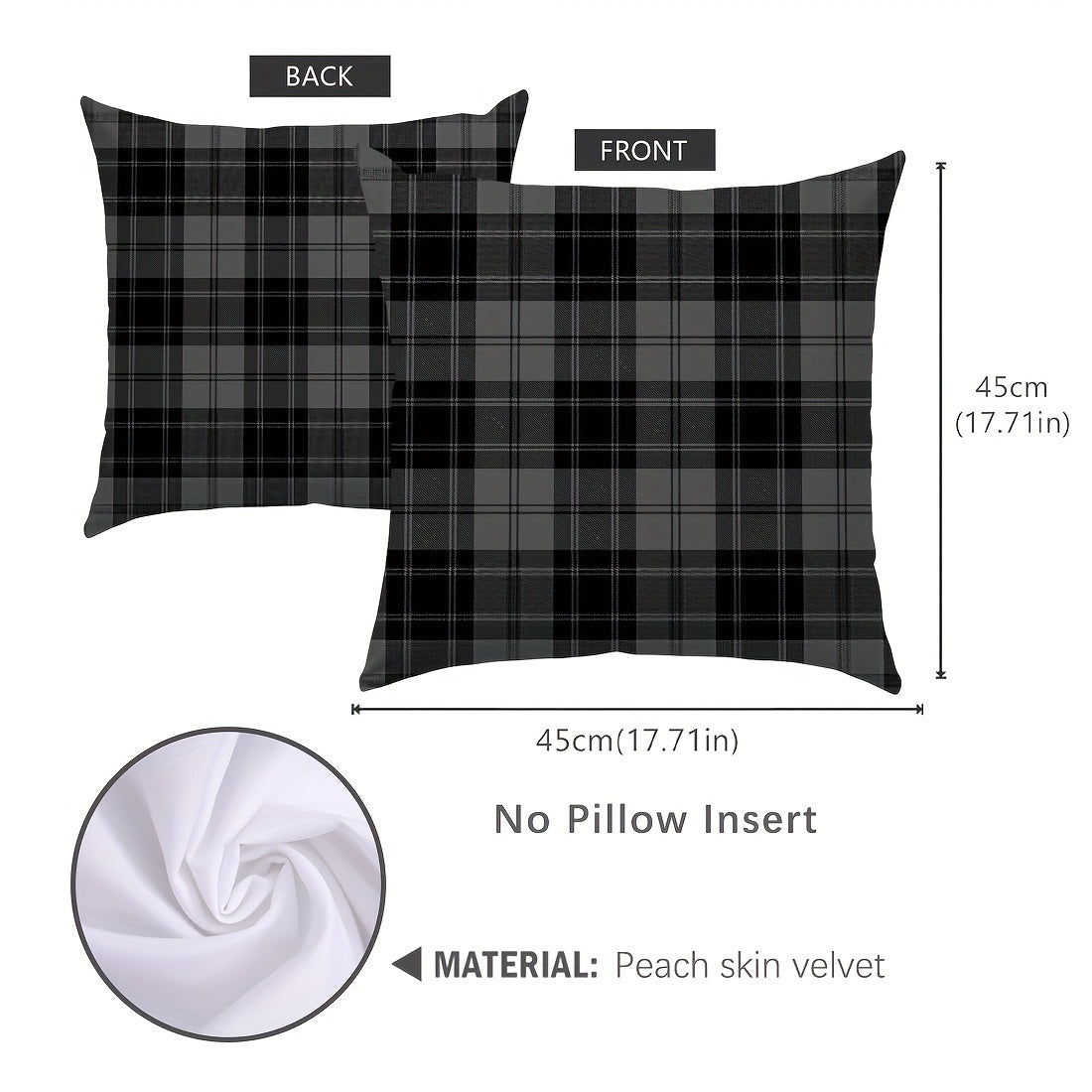 Grey and Black Plaid Velvet Throw Pillow Cover 45.72cm Zipper Machine Washable
