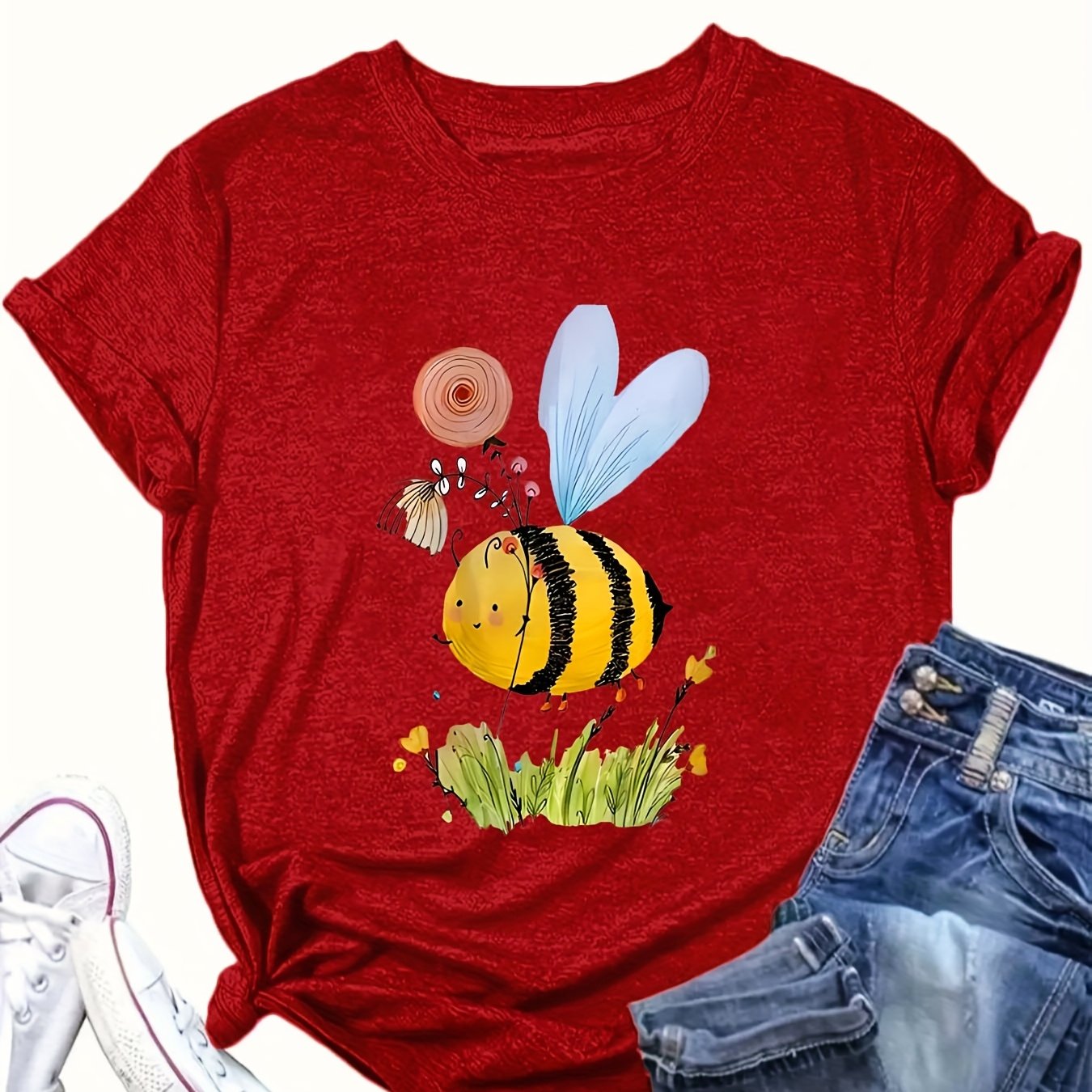 Plus Size Women's Casual T-Shirt Bee Graphic Red Short Sleeve Round Neck