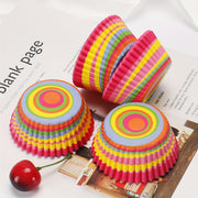 100 piezas de moldes desechables para muffins con patrones de espiral coloridos, papel para cupcakes, moldes para hornear