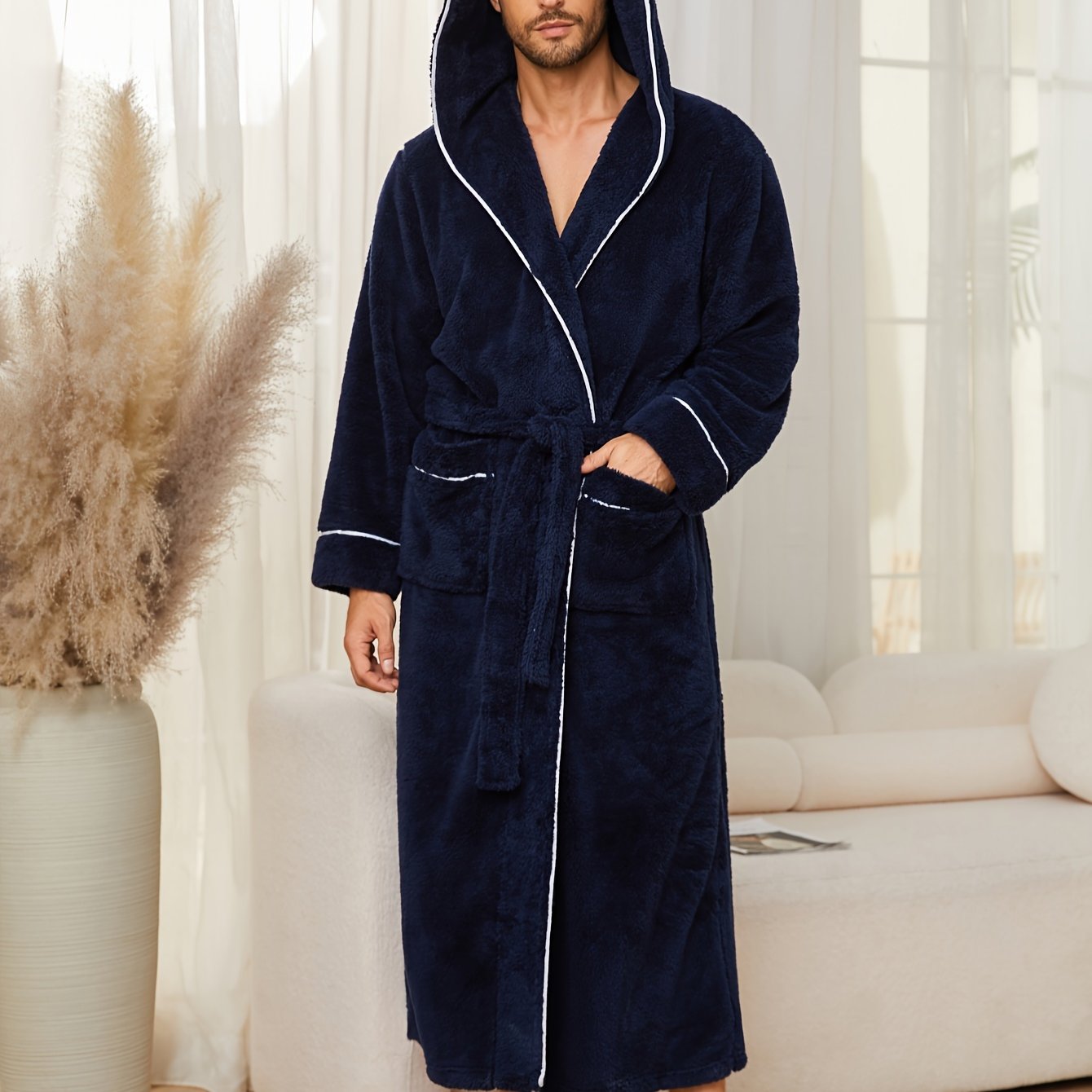 Men's Flannel Fleece Robe with Hood Pockets Belt for Fall Winter Lounge