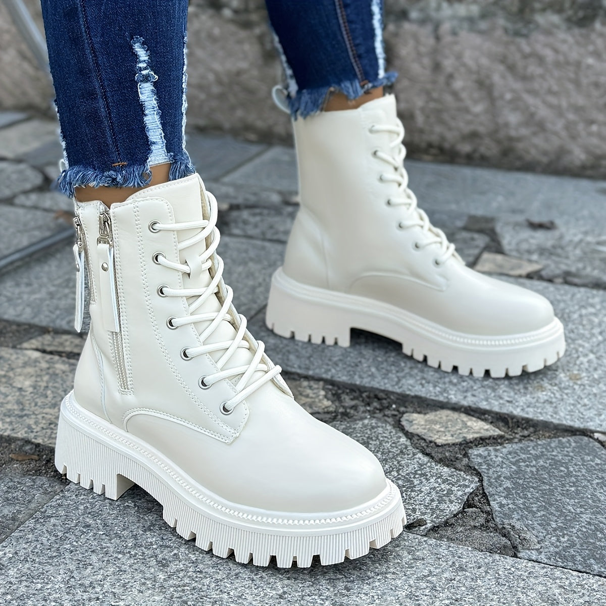 Women's Winter Boots Black White Side Zipper Ankle Slip-On Platform