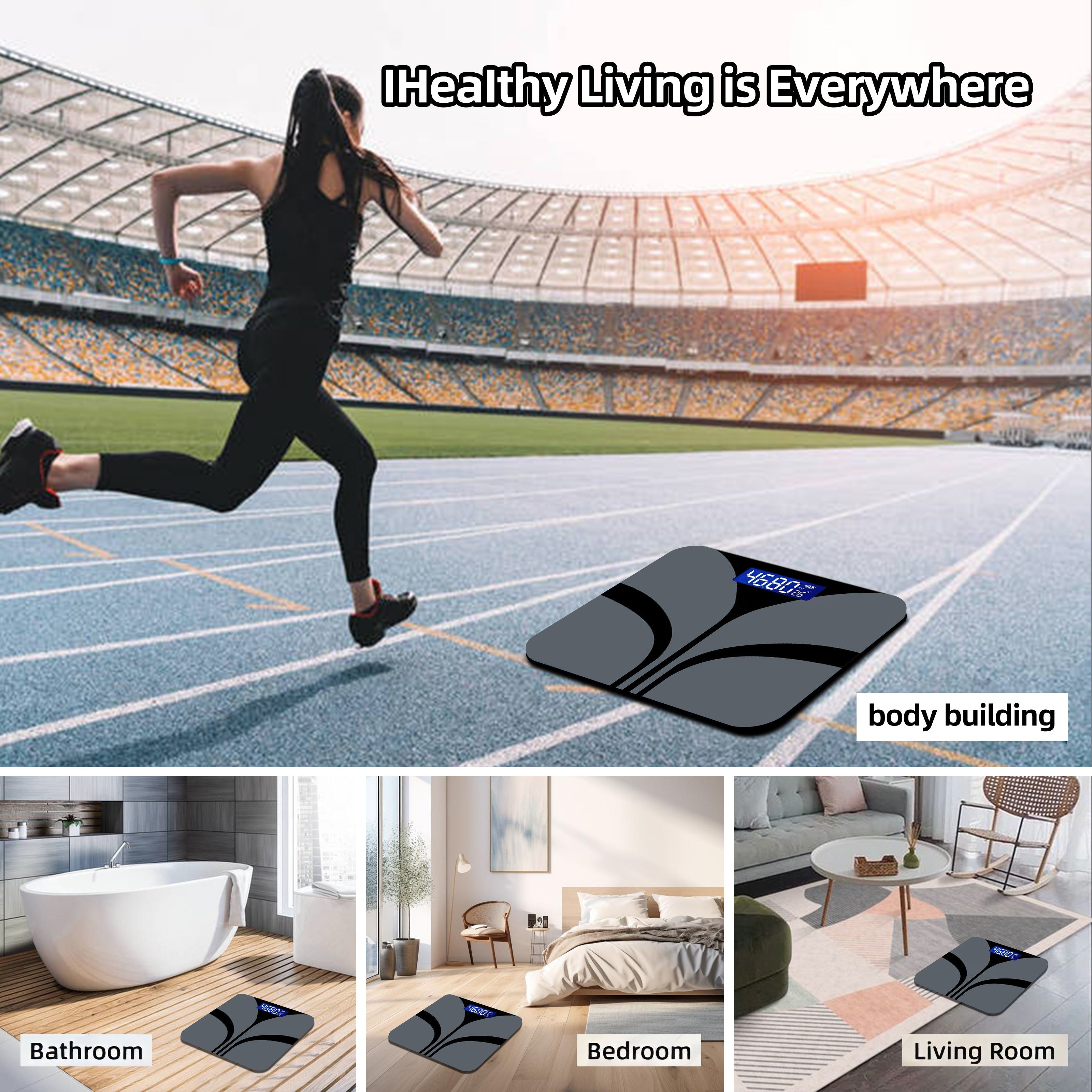 Черные умные весы с ЖК-дисплеем и измерением температуры для использования в ванной