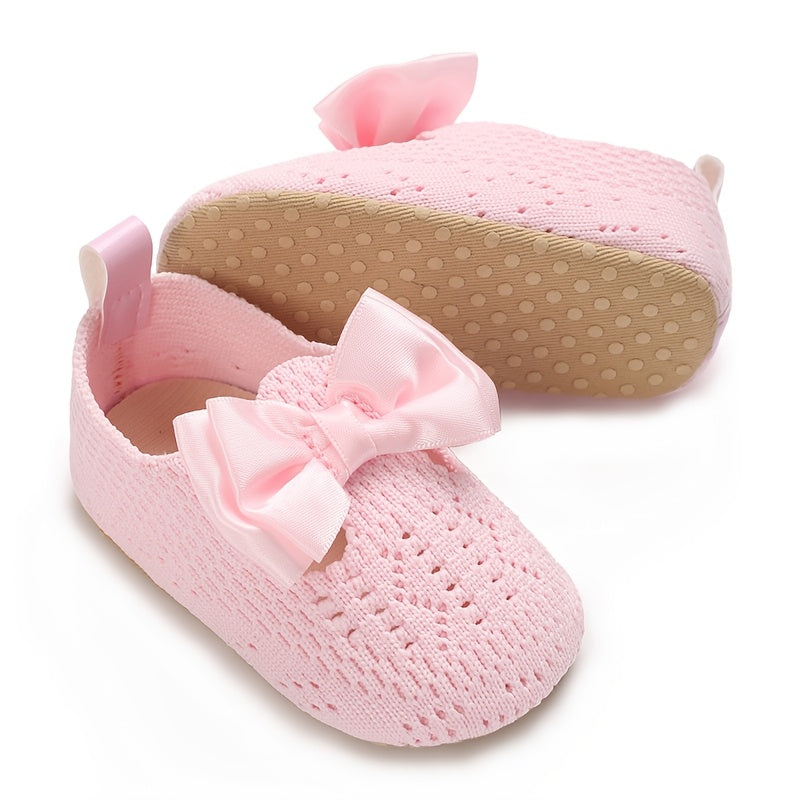 Infant Walking Shoes Pink White Beige Bow Casual Spring Fall Fabric Slip-On