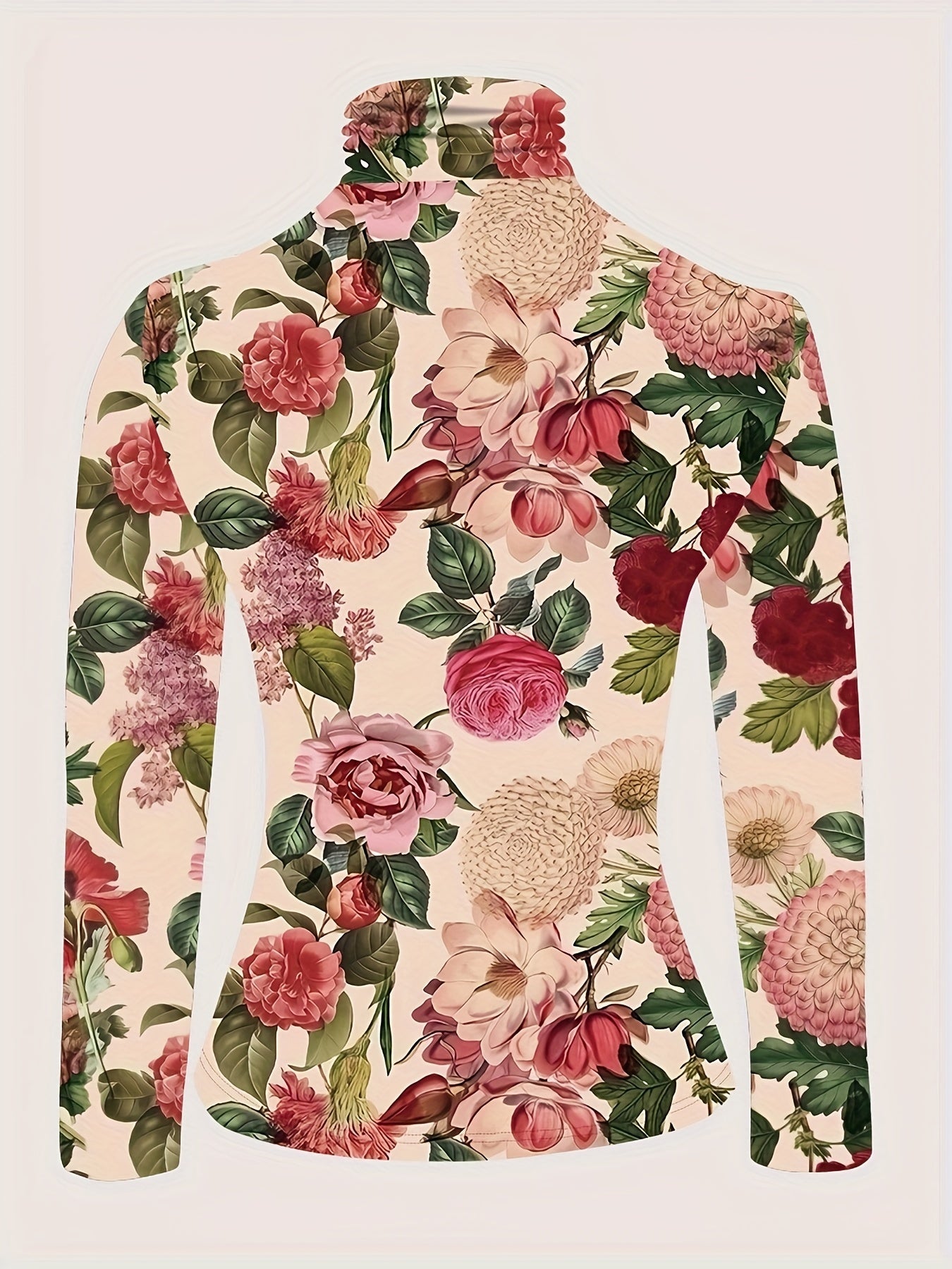 Women's Plus Size Floral Print Long Sleeve T-Shirt Polyester High Neck Casual Top