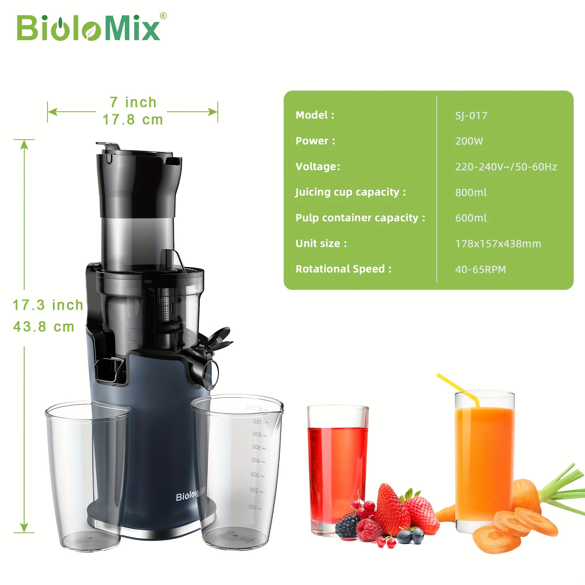 High Power Cold Press Juicer with Large Feed Chute and Juice Cups