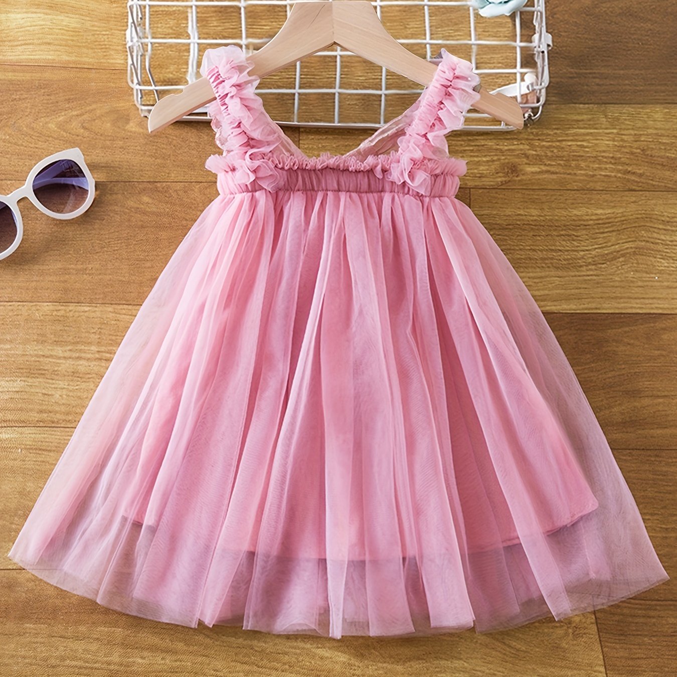 Girls Summer Dress Pink Cherry Embroidered Tulle Ruffled Sleeve Casual Lightweight Polyester