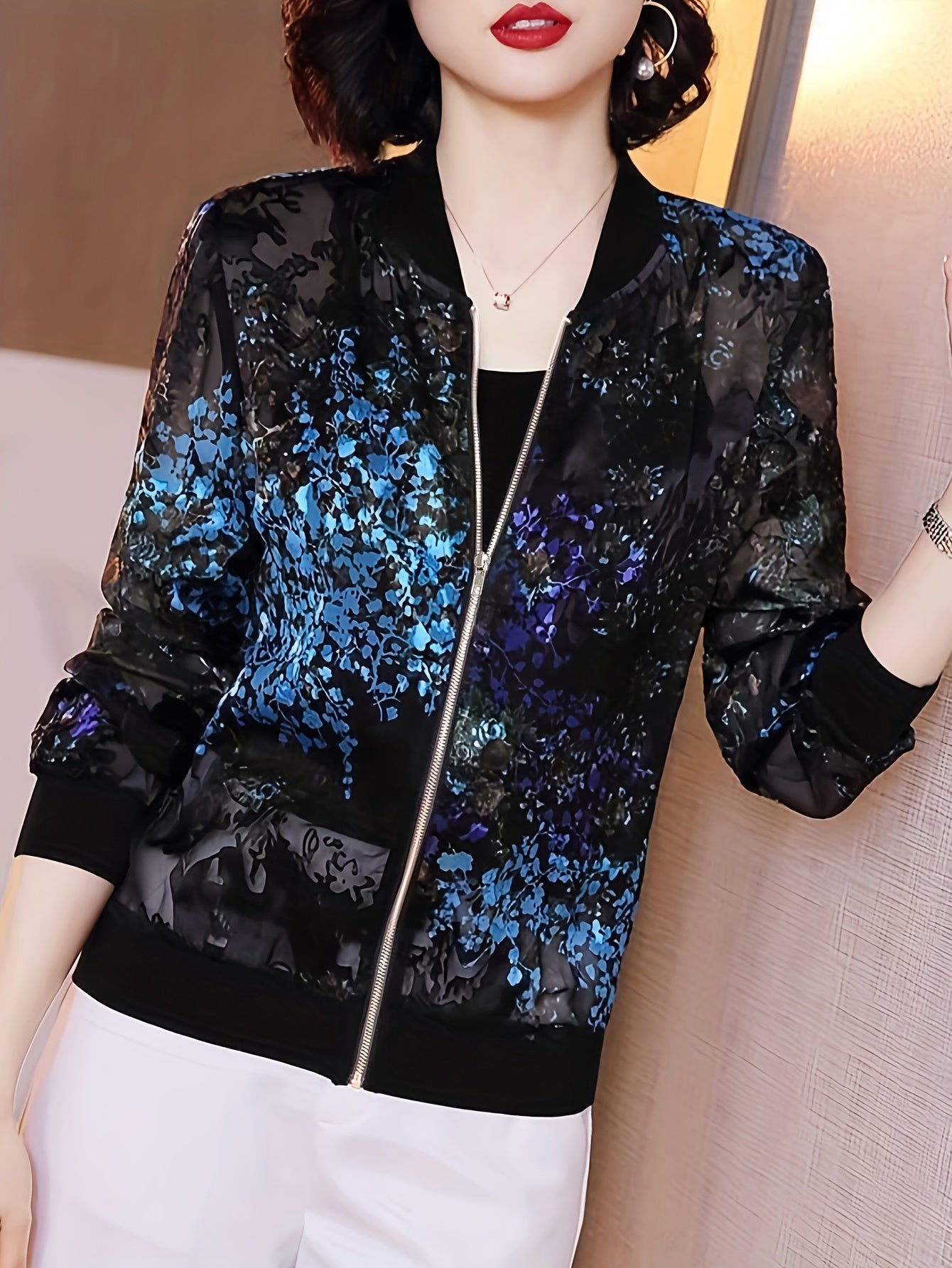 Women's Floral Print Zip-Up Lightweight Jacket for Spring and Summer