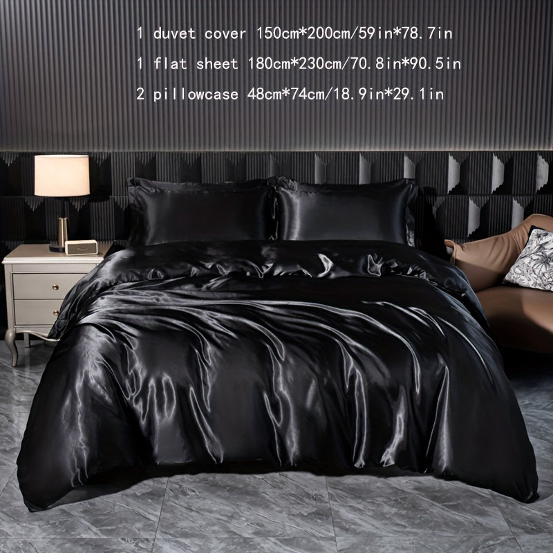 Luxurious Satin Bedding Set 4-Piece Zipper Closure Solid Color for Home Guest Hotel
