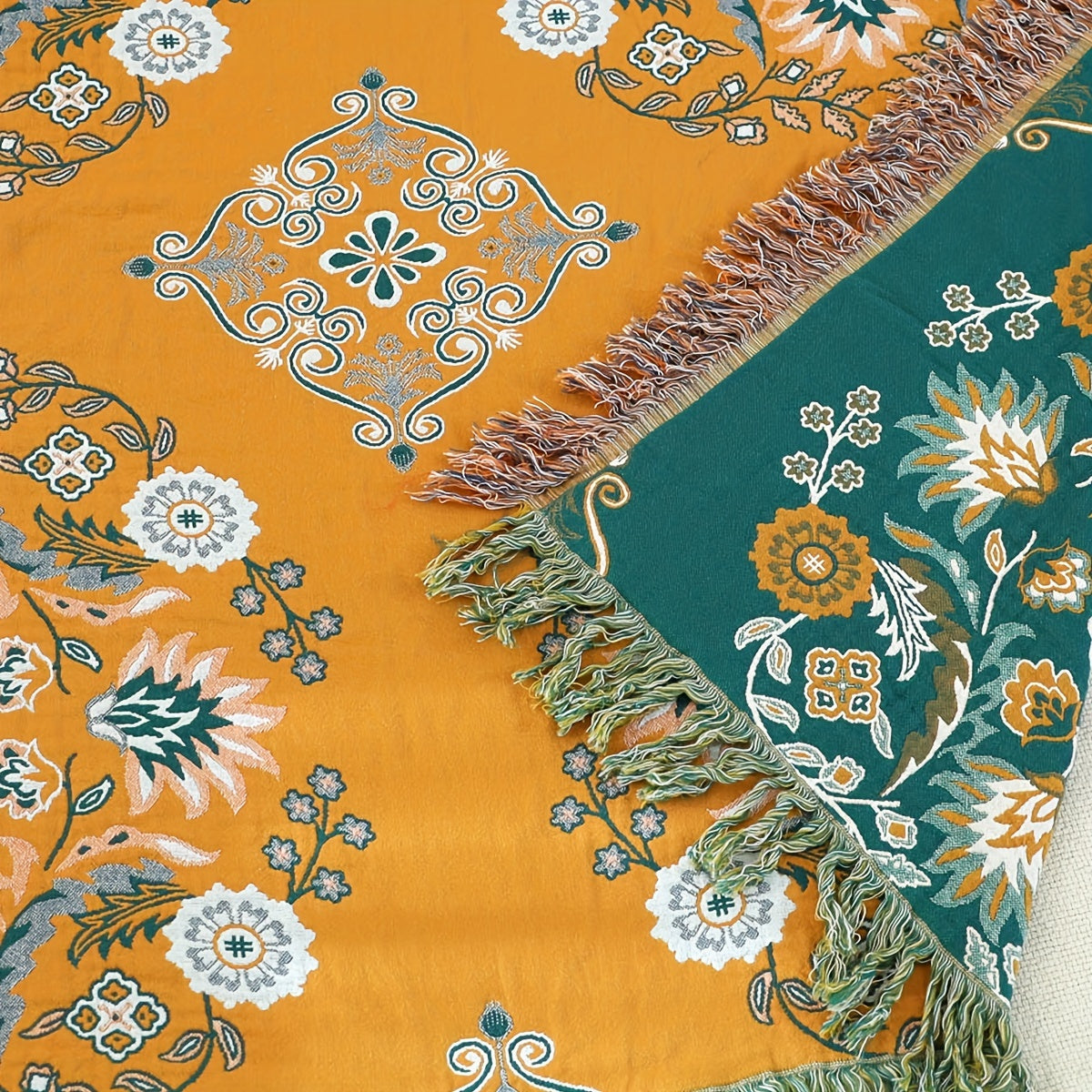 Vintage Floral Cotton Sofa Towel Blanket with Tassels Multi-Functional Nap Cover