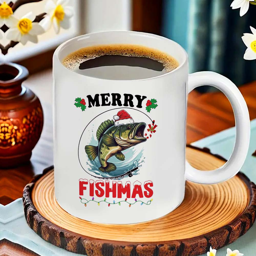 Ceramic Coffee Mug Christmas Fishing Merry Fishmas Holiday Gift Office Camping