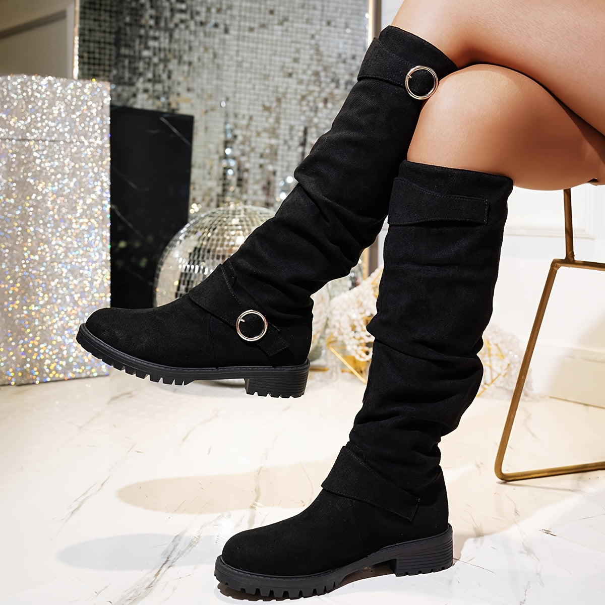 Women's Knee-High Fabric Boots Solid Color Flat Heel All-Season