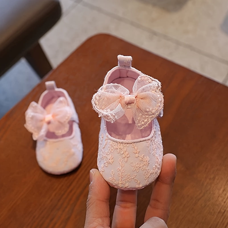 Girls Embroidered Mary Jane Shoes with Bow, Buckle Closure, All-Season Fabric Sole