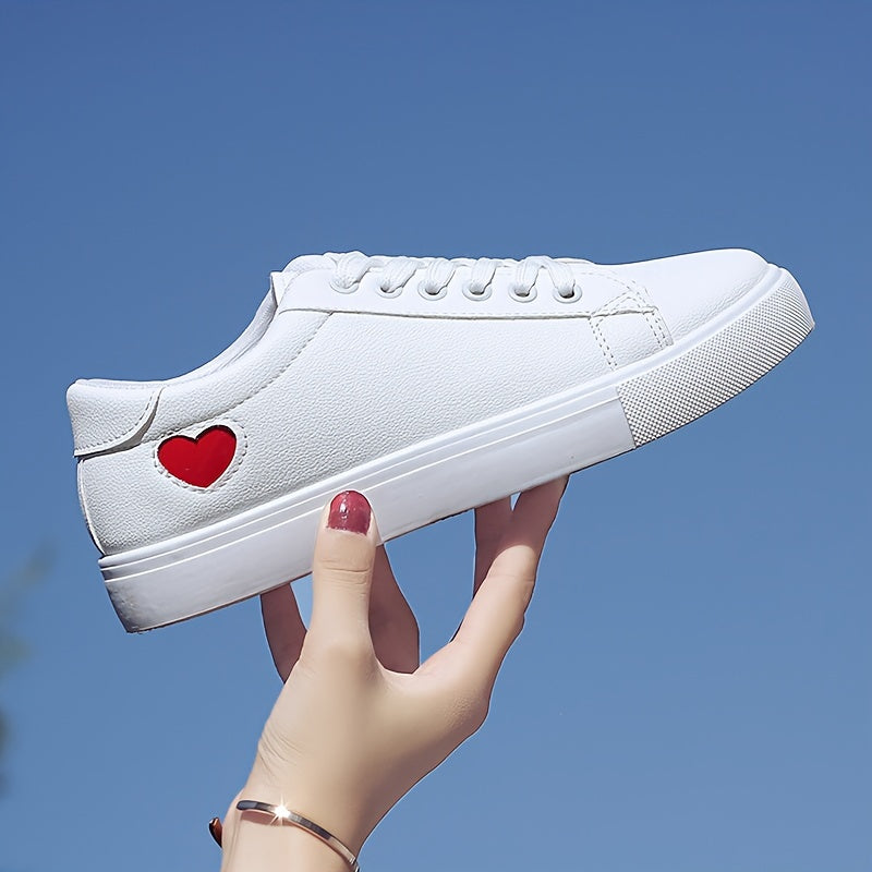 Women's Casual Sneakers with Heart-Shaped Design Lace-Up Flat White Soles