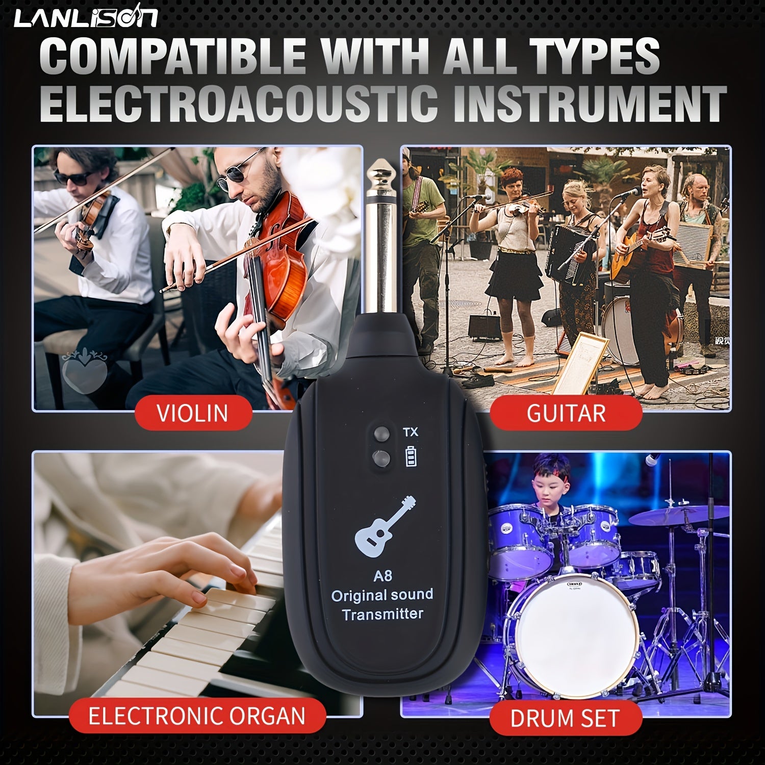 Transmisor de audio inalámbrico para guitarra eléctrica, bajo, instrumentos de viento, carga USB, negro